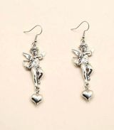 Pair of cupid, dangle drop earrings, heart, love, arrow, silver cherub, angel jewelry Photo 0