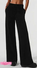 NEW Alo Micro Corduroy Dreamer Wide Leg Trousers Black High-Rise Waist Waisted M Photo 0