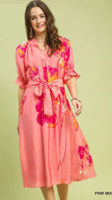 Umgee Floral‎ Flounce Sleeve Midi Dress with Belted - Pink Mix - Large Photo 0
