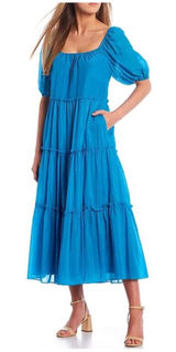 ANTONIO MELANI Puff Sleeve Midi Dress Small Turquoise‎ Blue Tiered Silk Cotton Photo 0