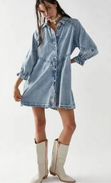 We the Free Hannah Denim mini dress buttondown, pockets, acid wash, Sz L Photo 0