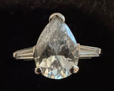 Pear Drop Clear Crystal Ring with Baguette Shoulders Sterling Silver Photo 0