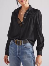 Anthropologie Black V-Neck Gathered Long-Sleeve Relaxed Henley Blouse L Photo 0