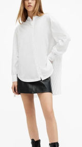 AllSaints Percy Pleated Tail Relaxed Fit Shirt White Band Collar Women US 8 Photo 0