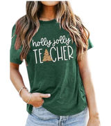Holly Jolly Teacher Graphic T-Shirt Womens Large Green‎ Christmas Tee Leopard Photo 0