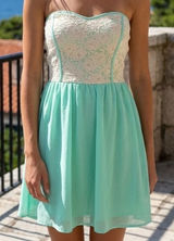 Buttons Mint Green & Ivory Lace Strapless Mini Dress Boho Sweetheart Skater Romantic M Photo 0