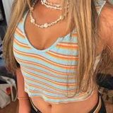 Roxy 70s Style Blue Orange Striped Vneck Crop Tank Ribbed Small Photo 0