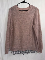 Sonoma Life + Style Layered Look Knit Sweater Plaid Hem Pink Gray Size XL Photo 0