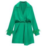 Zara Satin Feather Mini Autumn Wedding Guest Dress‎ Women XL Green Glam Holiday Photo 0