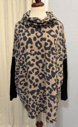 Honeyme Curvy XL Tunic‎ Top Leopard Print Cowl Neck Black Colorblock Sleeve USA Photo 0