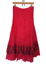 Free Planet Free People Women's Medium Red Pink Smocked Waist Tiered Cottagecore Skirt Boho Photo 0
