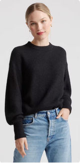 Quince Womens Black Baby Alpaca Wool Blend Minimalist‎ Ribbed Crewneck Sweater L Photo 0