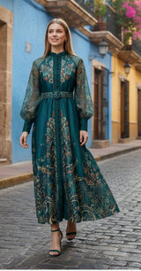 NWT DALIA MACPHEE Long Sleeve Mock Neck Printed Maxi Dress Small Belted Green Photo 0