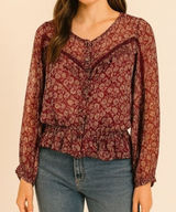 American Eagle Sheer‎ Floral Blouse Large Burgundy Long Sleeve Boho Peasant Top Photo 0