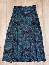 Vintage 90s Rayon Paisley Maxi Skirt Navy Teal‎ Green Floral Herringbone Size 12 Photo 0