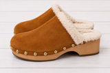 Caslon Cozy Sherpa-Lined Gold Studded Cognac Brown Suede Mule Clog Shoes Size 9 Photo 0