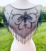 Vintage Beaded Black Mesh Caplet Collar Scarf with Fringe & Sequins Photo 0