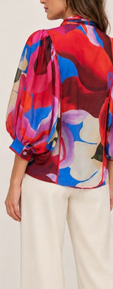 Farm Rio Watercolor Floral Blue Balloon Sleeve Tie Neck Blouse Photo 0
