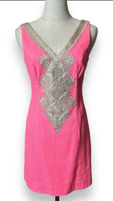 Lilly Pulitzer Junie Shift Dress Coral Reef‎ Hot Pink Gold Mini Size 0 Photo 0