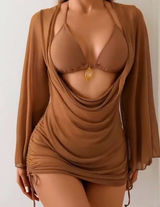 Coffee Brown 3-Piece Swimsuit Set – Bikini & Sheer Ruched Cover Up Photo 0