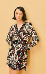 FARM RIO Passion Scarf Wrap Mini Dress Women's Size XS Black Printed Photo 0