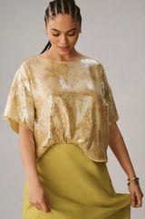 Pilcro‎ Anthropologie Gold Sequin Boxy Oversized Short Sleeve Top Medium Womens Photo 0