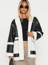 Princess Polly Lexie Faux Leather Jacket Black Sherpa Trim Oversized M/L Photo 0