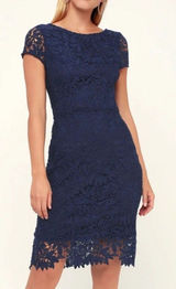 Lulu's Navy Blue Lace Floral Short Sleeve Sheath Dress With Back Zipper Closure‎ Photo 0