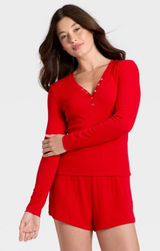 Women's Ribbed Long Sleeve Shirt and Shorts Pajama Set - Auden Red L Photo 0