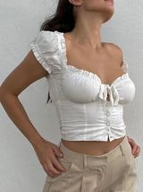 Princess Polly White Eyelet Puff Sleeve Ruched Button Front Crop Top Cottagecore Photo 0