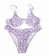 Floral Lilac Two Piece Deep Plunge Bikini Top High Waisted Bottoms Womens Medium Photo 0