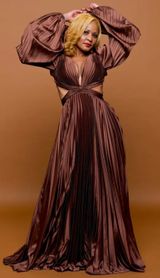Ieena for Mac Duggal Brown Long Sleeve Pleated Full Skirt Cut Out Sides Gown 6 Photo 0
