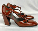 Vintage Miu Miu Y2K Pumps Patent Leather Cutout T-Strap Block Heel EU 36 Cognac Photo 0