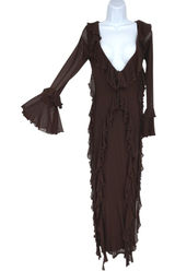 Chocolate Brown Mesh Ruffle Maxi Dress Bell Sleeve Fairy Grunge Y2K Photo 0