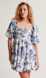 Abercrombie Emerson Poplin Puff Sleeve Mini Dress Floral Blue White Small‎ Photo 0