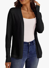 Womens Black Open‎ Front Cardigan Sweater Ribbed Trim Pockets Minimalist Small Photo 0