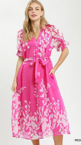 Umgee Floral Print Tie Waist Midi Dress with Side Pockets - Peony - Small Photo 0