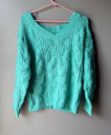 Mint Green Cable Knit V-Neck Sweater Coastal Cottagecore Soft Women’s Photo 0