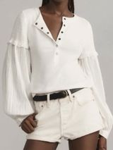 Pilcro Anthropologie White Ribbed Henley Top Smocked Balloon Sleeve Womens XS Photo 0