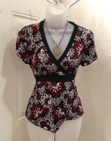Y2K Vintage Whimsygoth Wrap Top Belted Babydoll V-Neck Blouse Shirt Floral Asymmetrical Hem Short Sleeve USA Made Red White Black-M Measurement in pics Great condition Photo 0