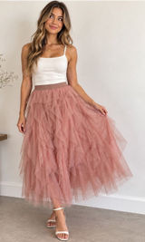 Tasha Polizzi Pink Tiered Tulle Maxi Skirt Layered Mesh Ruffle XL Pink Romantic Photo 0