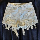 NEW Pearl Rhinestone Silver Sequin Fringe Distressed Denim Shorts SZ L Photo 0