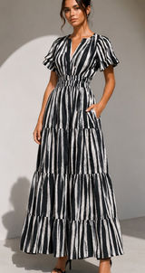 Anthropologie XS Black White Stripe Maxi Dress Cotton Pockets Photo 0