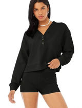 Alo Yoga Micro Waffle Pleasant Cropped Henley in Black Photo 0