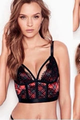 Victorias Secret Med Red Black Plaid Lace Satin Bustier‎ Longline Bra Very Sexy Photo 0