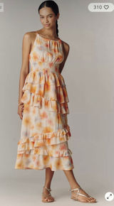 Anthropologie Midi Dress Orange Yellow Floral Tiered Ruffle Photo 0