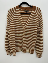 FORE Striped Chunky Knit‎ Cardigan Womens L Brown Cream Grandpa Cozy Photo 0