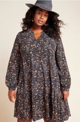 Maeve Anthropologie Amber Tiered Tunic Dress Black Floral Size XL Long Sleeve Photo 0