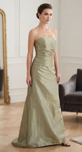 VTG AMSALE Gold Strapless Satin Gown Ruched Bodice Formal Evening Dress Sz 8 Y2K Photo 0