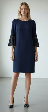 Hope & Harlow Dress Womens 14 Navy Blue Lace Bell Sleeve‎ Shift Knee Length Photo 0